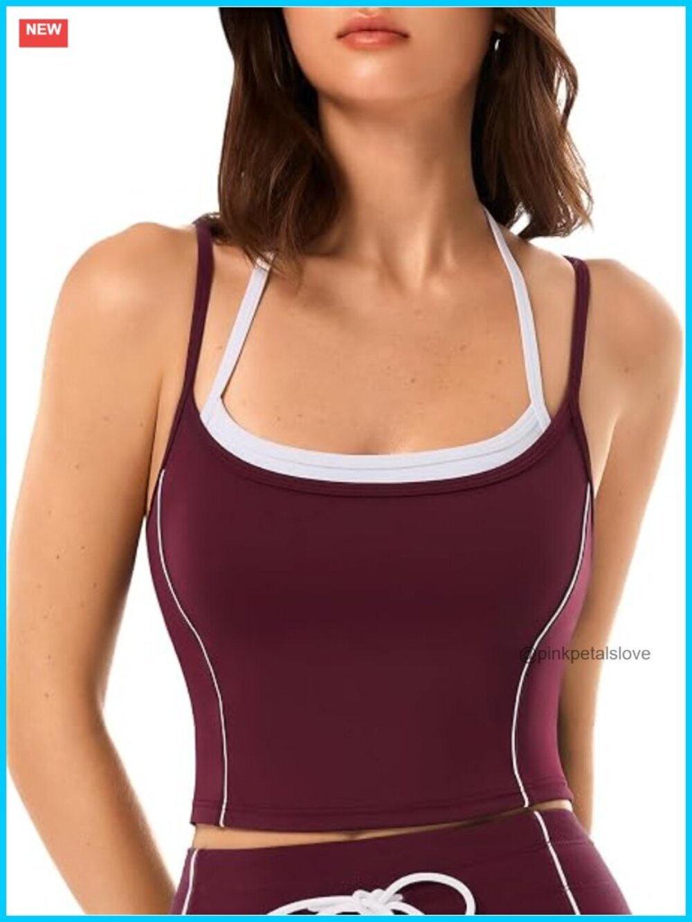 Crop Tank Top with Contrast Trim Backless Padded Wire-Free Sports Bra for Yoga